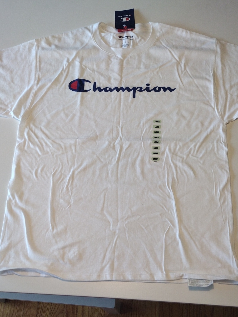Champion White Unisex Tee with Navy Script and Red Accent